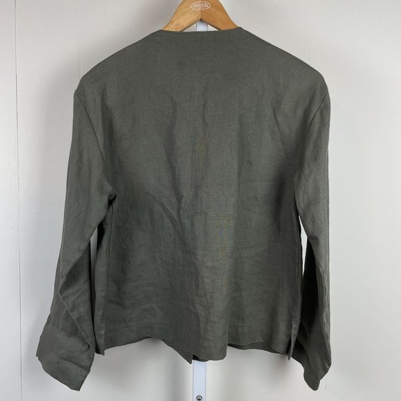 GETT Jacket Shirt Top 100% Linen Minimalist Lagenlook Olive Green Womens Small - Picture 5 of 7